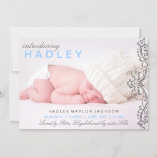 Silver & Blue Damask Birth Announcement
