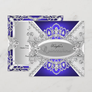 Silver & Blue Diamond Damask Quinceanera Invite