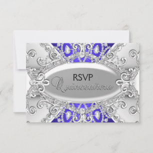 Silver & Blue Diamond Damask Quinceanera RSVP Card