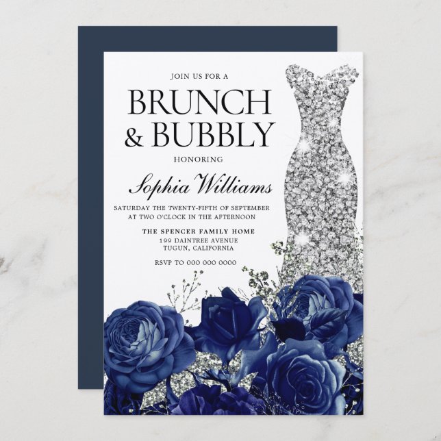Silver Blue Dress Brunch & Bubbly Bridal Shower Invitation (Front/Back)