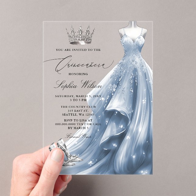 Silver Blue Dress Princess Quinceañera  Acrylic Invitations (Insitu (Handheld))