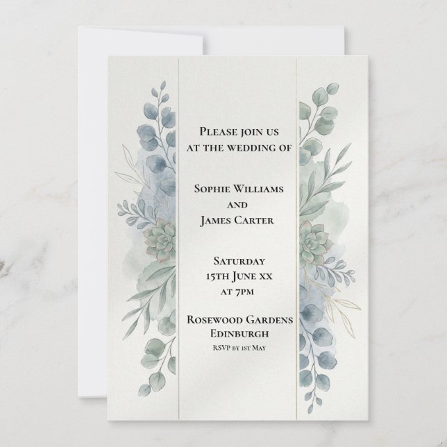 Silver Blue Eucalyptus Wedding Invitation (Front)