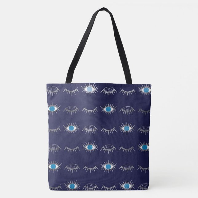 Silver Blue Evil Eye Eyelashes Nazar Mati Pattern Tote Bag (Front)