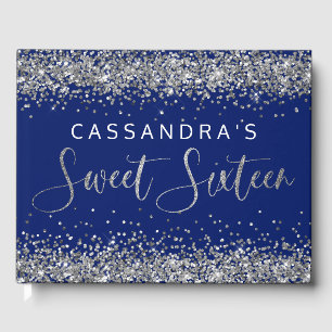 Silver Blue Faux Glitter Sweet Sixteen Guest Book