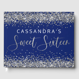 Silver Blue Faux Glitter Sweet Sixteen Guest Book