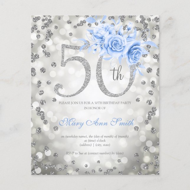 Silver Blue Floral 50th Birthday Lights Invite  Flyer (Front)