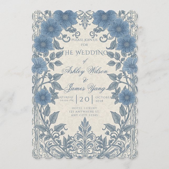 Silver Blue Floral Botanical Wedding Invitation (Front)