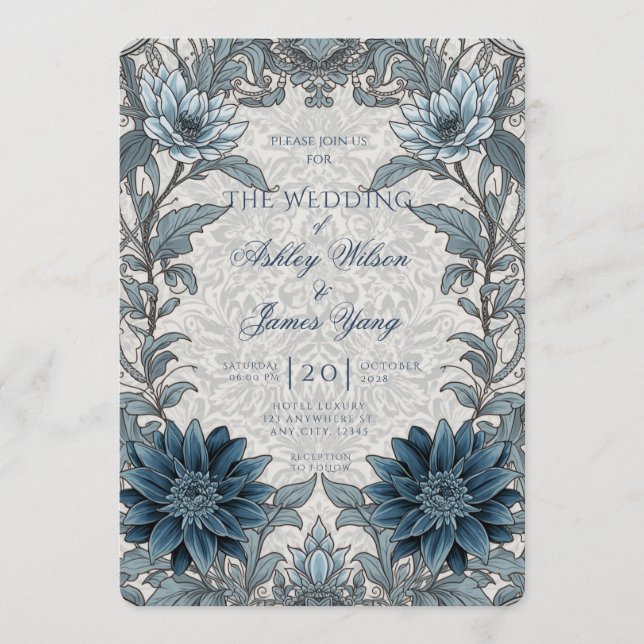 Silver Blue Floral Botanical Wedding Invitation (Front)