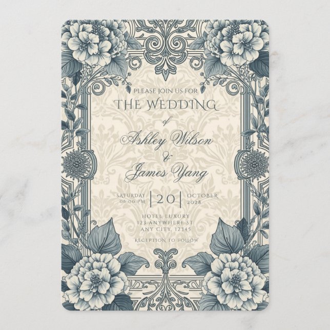 Silver Blue Floral Botanical Wedding Invitation (Front)