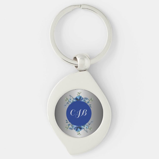 Silver & Blue Floral Elegance Keychain (Front)