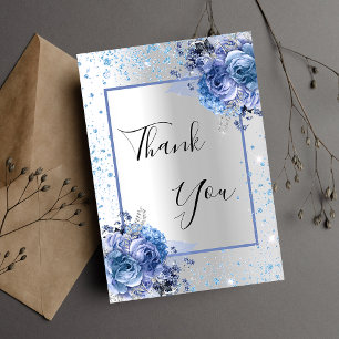 Silver blue floral glitter elegant glamourous thank you card