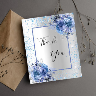 Silver blue floral glitter elegant thank you card