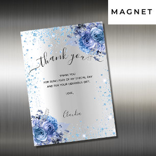 Silver blue floral glitter thank you magnet card