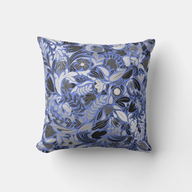 Silver Blue Floral Leaves Illustration Pattern Cushion (Front)