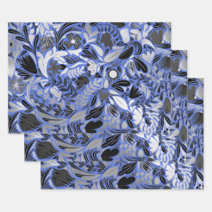 Silver Blue Floral Leaves Illustration Pattern Wrapping Paper Sheet