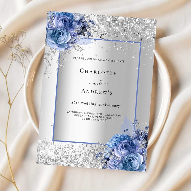 Silver blue floral luxury 25th wedding anniversary invitation (Creator Uploaded)