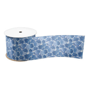 Silver Blue Floral Pattern Satin Ribbon
