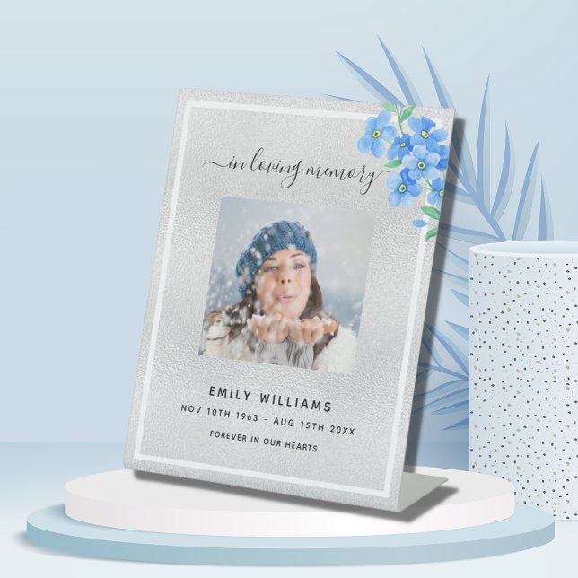 Silver blue floral photo memorial reception pedestal sign (Creator Uploaded)