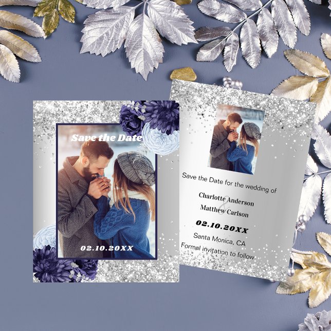 Silver blue floral photo Save the Date wedding Flyer (Creator Uploaded)