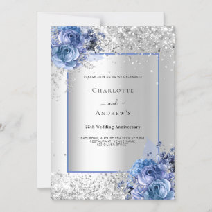 Silver blue florals 25th wedding anniversary magnetic invitation