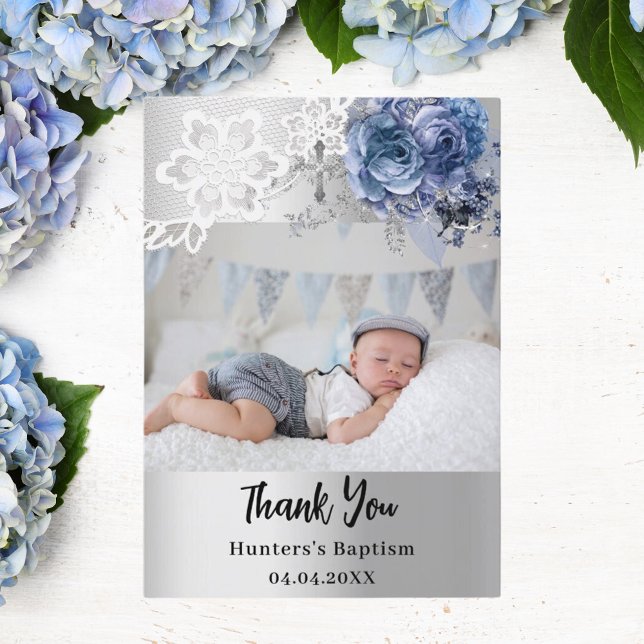 Silver blue florals boy cross baptism photo thank you card (Creator Uploaded)