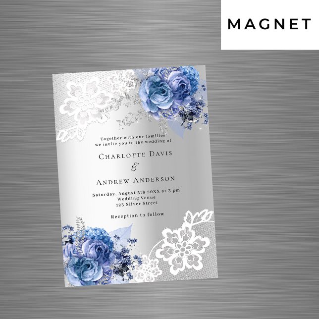 Silver blue florals lace luxury wedding invitation (Creator Uploaded)
