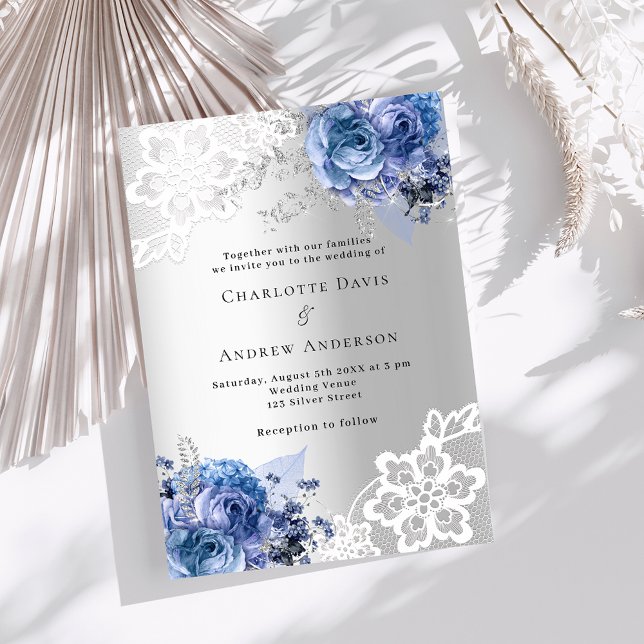 Silver blue florals lace wedding invitation (Creator Uploaded)