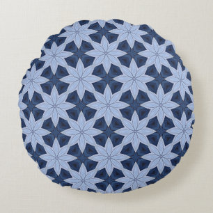 Silver-blue Flowers on a Navy Blue background Round Cushion