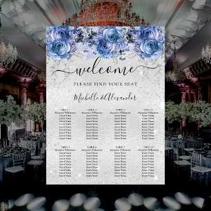 Silver blue flowers wedding seating chart