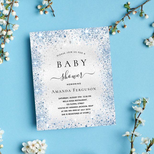 Silver blue glitter boy baby shower invitation (Creator Uploaded)