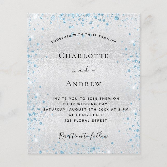 Silver blue glitter budget wedding invitation flyer (Front)