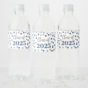 Silver Blue Glitter Class of 2025 Graduation Water Bottle Label