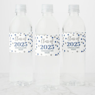 Silver Blue Glitter Class of 2025 Graduation Water Bottle Label