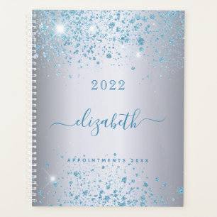Silver blue glitter dust name monogram 2022 planner