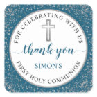 Silver Blue Glitter First Communion Thank You