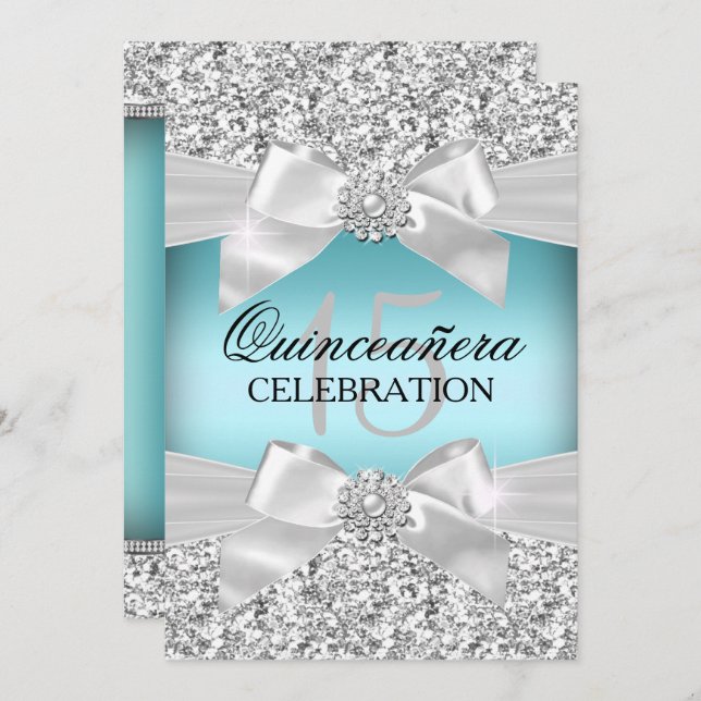 Silver Blue Glitter & Jewel Bow Quinceanera Invitation (Front/Back)