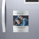 Silver blue glitter photo thank you magnet<br><div class="desc">A faux silver looking background colour,  decorated with blue faux glitter. Large hand lettered script with swashes and the text: Thank You. Personalise and add your photo,  thank you note and name.</div>