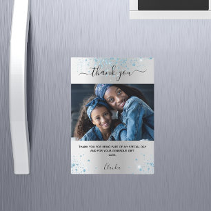 Silver blue glitter photo thank you magnet
