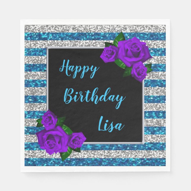Silver Blue Glitter Stripes Purple Roses Birthday Napkin (Front)