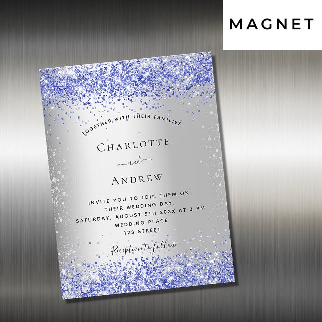 Silver blue glitter wedding magnet invitation (Creator Uploaded)