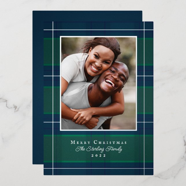 Silver, Blue & Green Plaid Holiday Photo Card (Front/Back)