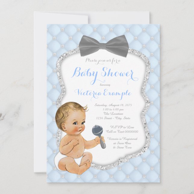 Silver Blue Grey Bow Tie Boy Baby Shower Invitation (Front)