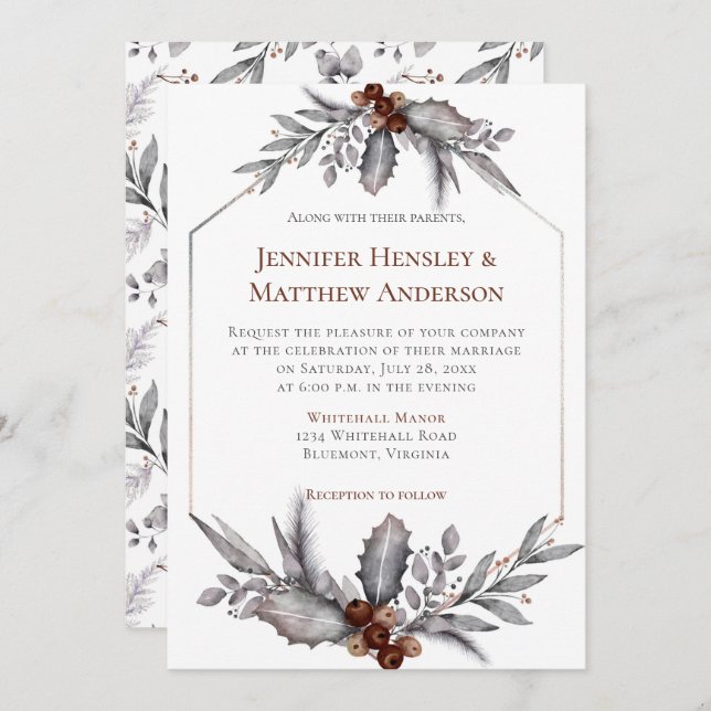 Silver, Blue Grey, Rusty Brown Winter Wedding Invitation (Front/Back)