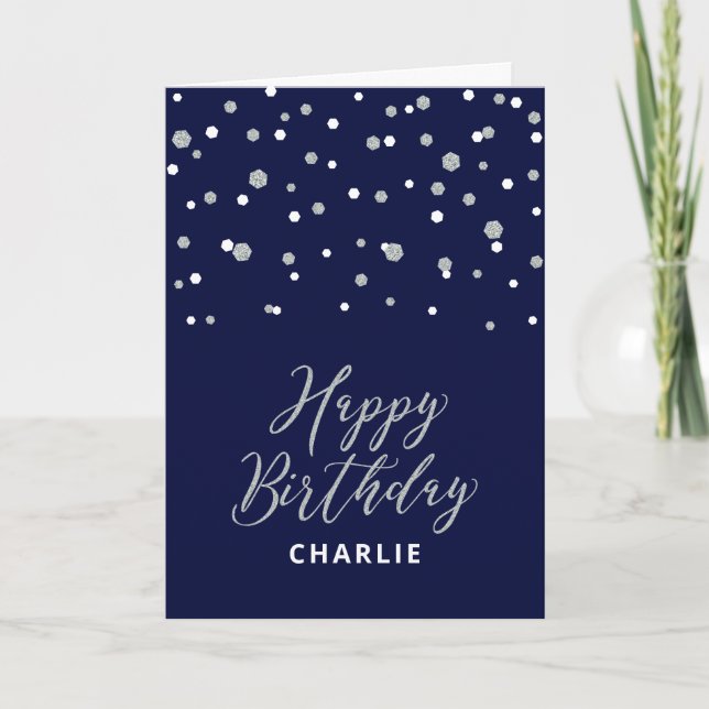 Silver & Blue Happy Birthday Custom Name Greeting Card (Front)