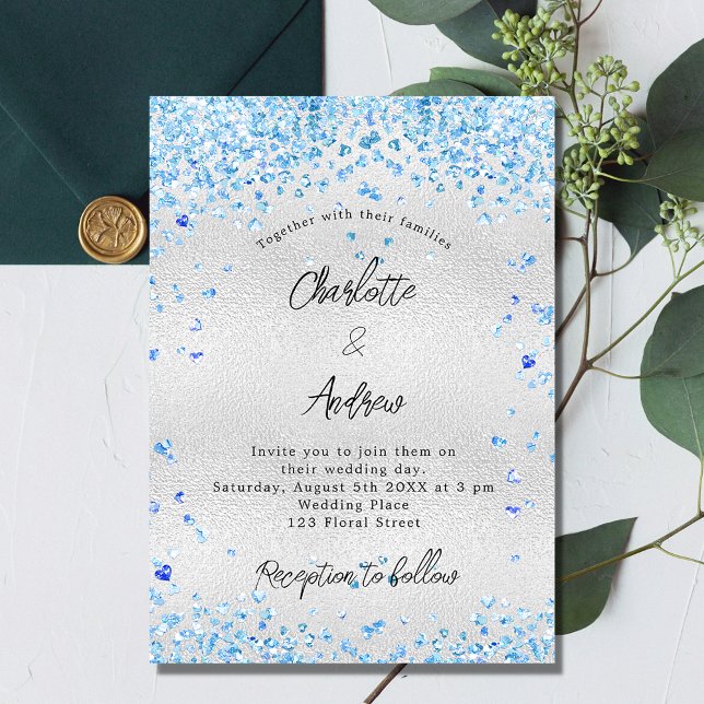 Silver blue hearts budget wedding invitation (Creator Uploaded)