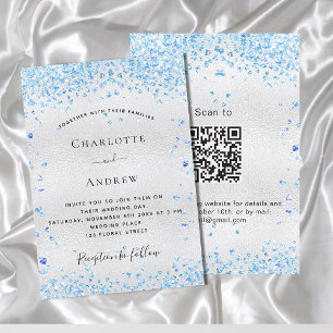 Silver blue hearts QR code RSVP luxury wedding Invitation