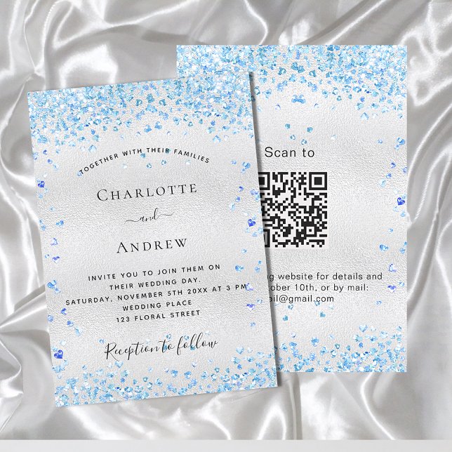 Silver blue hearts QR code RSVP luxury wedding Invitation (Creator Uploaded)