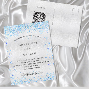 Silver blue hearts QR code RSVP wedding Invitation Postcard