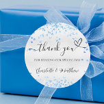Silver blue hearts thank you wedding classic round sticker<br><div class="desc">Faux silver background,  decorated with small light blue hearts.   With the text: Thank you for sharing our special day,  with a small heart.   Personalise and add your names.</div>
