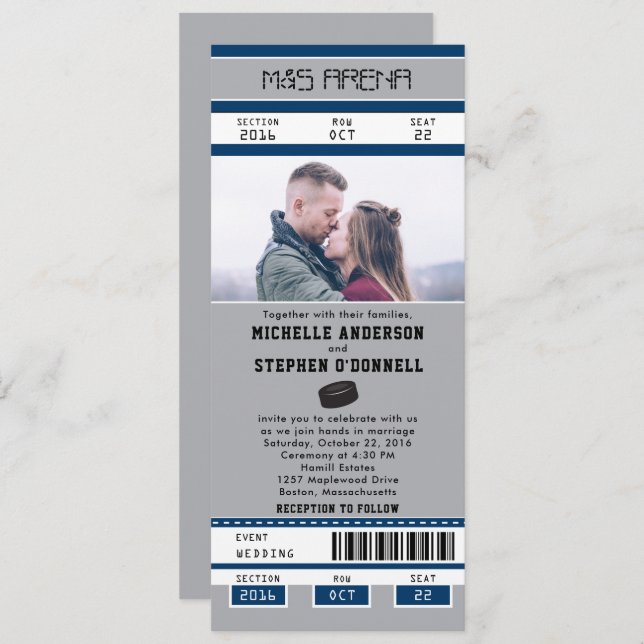 Silver Blue Hockey Ticket Wedding Invitation (Front/Back)